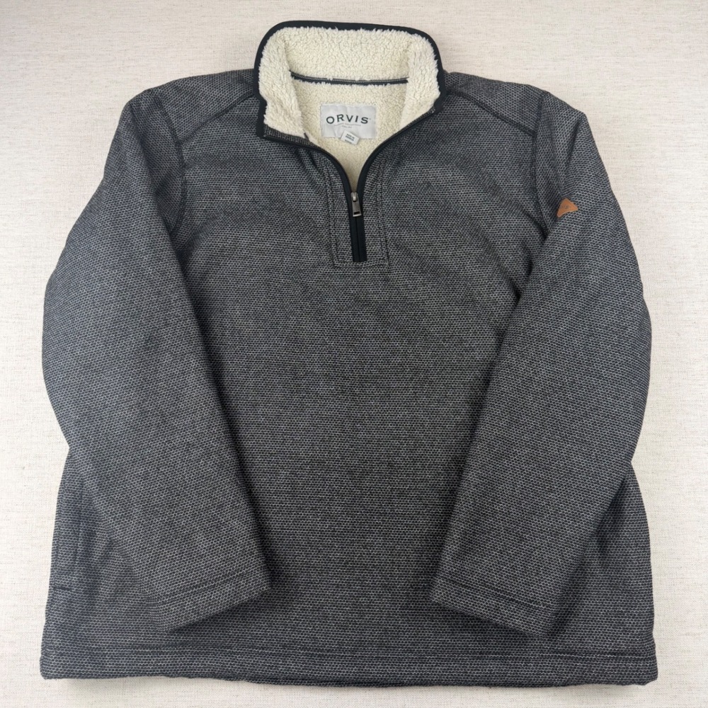 Orvis Mens XXL Quarter Zip Sherpa Lined Honeycomb Knit Pullover Sweater Grey